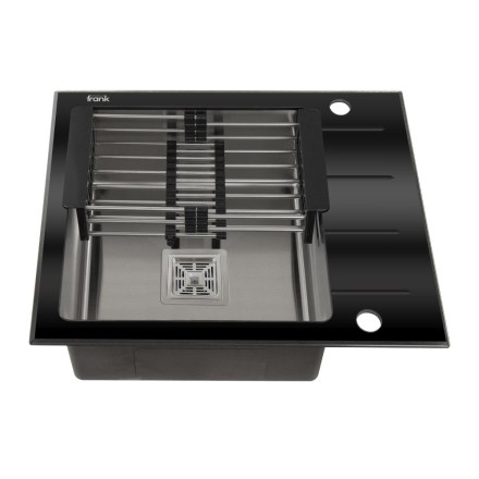 Мойка врезная 60х50х20см универсальная  ЧЁРНОЕ СТЕКЛО + нержавеющая сталь FRANK PROFI 9502